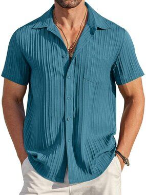 Men's Peacock Blue Short Sleeve Textured Summer Collared Casual Button Down Shir